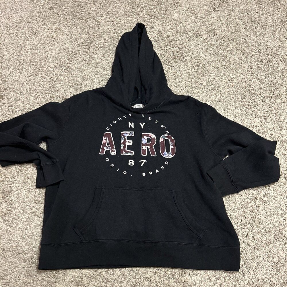 NWOT Aeropostale Womens Size L Black White Logo Long Sleeve Hooded sweatshirt